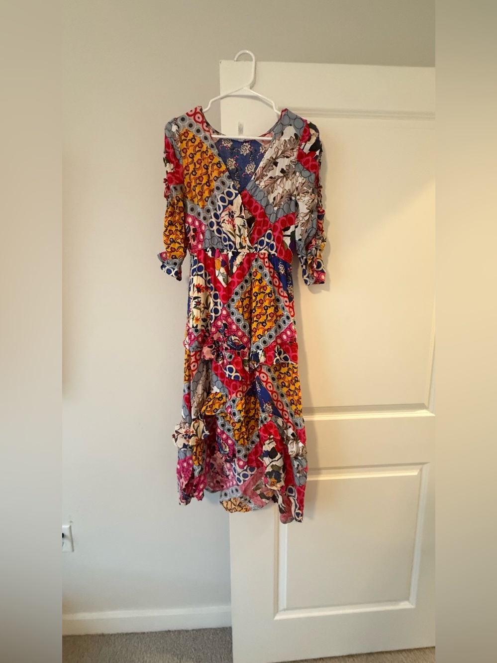 Lapis Multicolor Patchwork Midi Dress with V-Neck